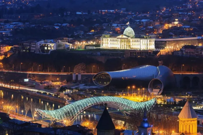 Framed Print : City view including Presidential Palace, Bridge of Peace on Mtkvari River. Tbilisi Framed Print : City view including Presidential Palace, Bridge of Peace on Mtkvari River. Tbilisi
