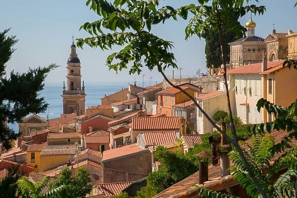 City view of medieval Menton and Basilique Saint Michel, Alpes-Maritimes, Cote d Azur
