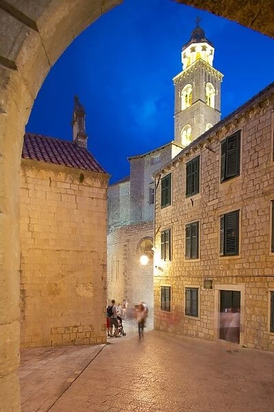 City walls and clock tower at dusk, UNESCO World Heritage Site, Dubrovnik, Dalmatian Coast, Dalmatia, Croatia, Europe