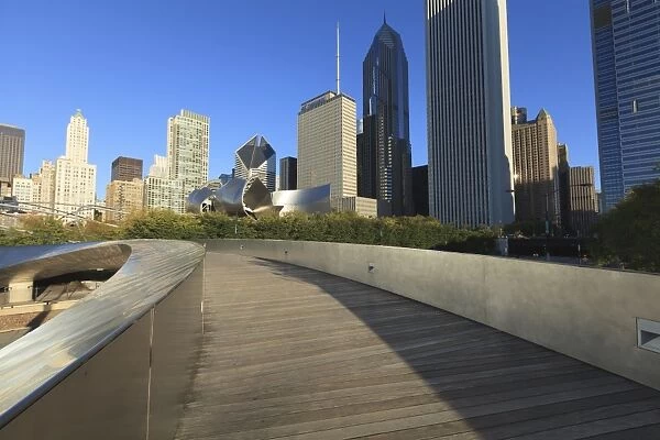 Cityscape from the BP Pedestrian Bridge designed by Frank Gehry which links Grant Park and Millennium Park, Chicago, Illinois, United States of America, North America