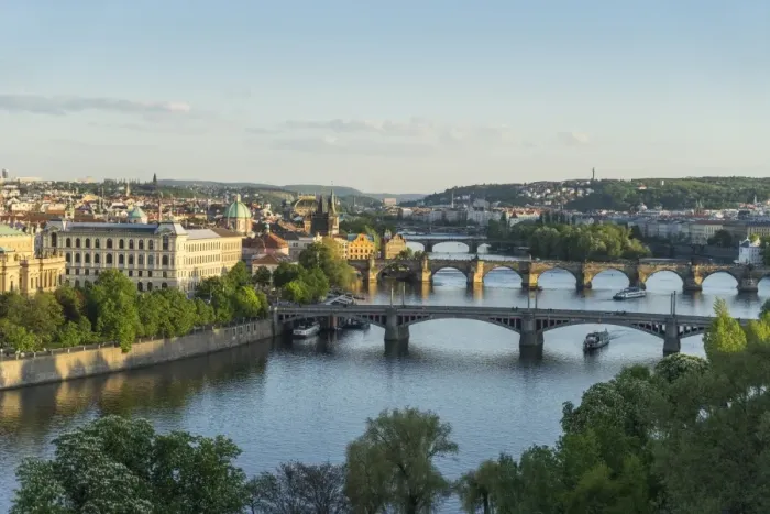 Framed Print : Cityscape looking down the Vltava River at the bridges connecting the Old Town to Mala Strana Framed Print : Cityscape looking down the Vltava River at the bridges connecting the Old Town to Mala Strana