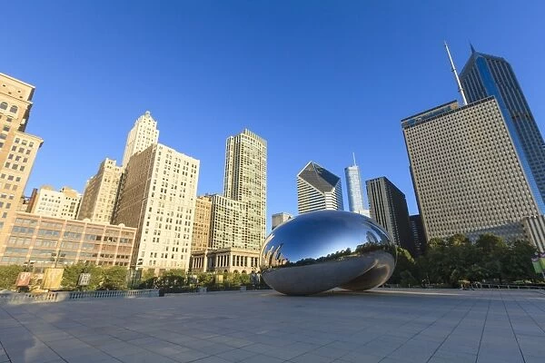 Cityscape of Millennium Park and the Cloud Gate steel sculpture, Chicago, Illinois, United States of America, North America