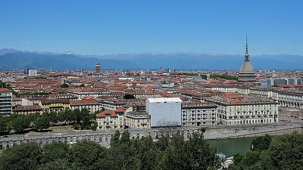 Cityscape from the Monte dei Cappuccini, a hill rising about 200 meters from the right bank of the River Po, in the Borgo Po district, Turin, Piedmont, Italy, Europe