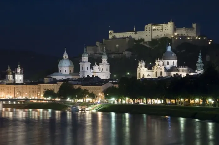 Framed Print : Cityscape with River Salzach at night, Salzburg, Austria Framed Print : Cityscape with River Salzach at night, Salzburg, Austria