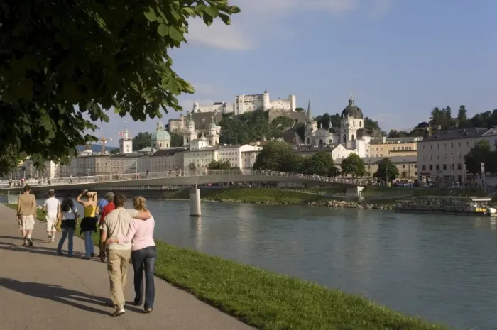 Framed Print : Cityscape with river Salzach and riverside walk, Salzburg, Austria, Europe