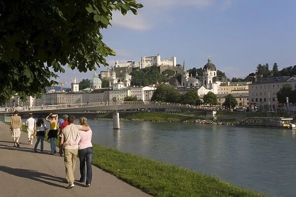Cityscape with river Salzach and riverside walk, Salzburg, Austria, Europe