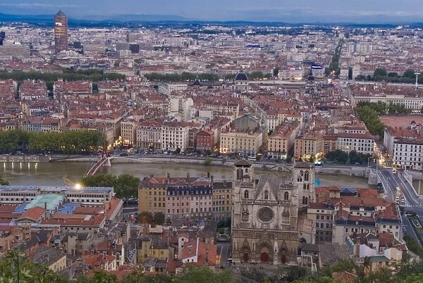 Cityscape, River Saone and cathedral St. Jean, Lyons (Lyon), Rhone, France, Europe
