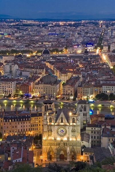 Cityscape, River Saone and cathedral St. Jean at night, Lyons (Lyon), Rhone