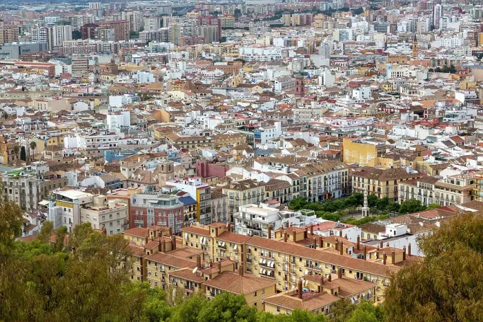 Framed Print : Cityscape view of high density buildings in city centre with Plaza de Merced in lower right, Malaga, Andalusia, Spain, Europe Framed Print : Cityscape view of high density buildings in city centre with Plaza de Merced in lower right, Malaga, Andalusia, Spain, Europe