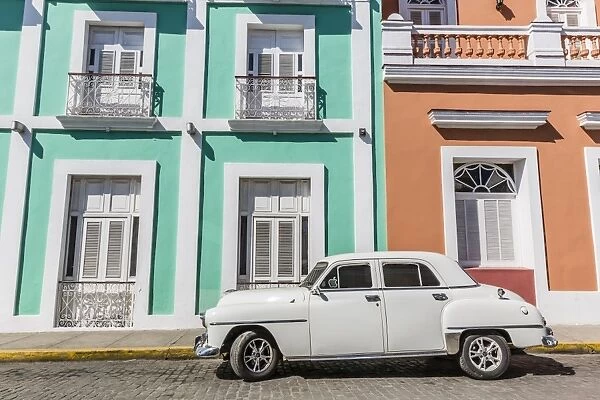 Classic 1950s Plymouth taxi, locally known as almendrones in the town of Cienfuegos