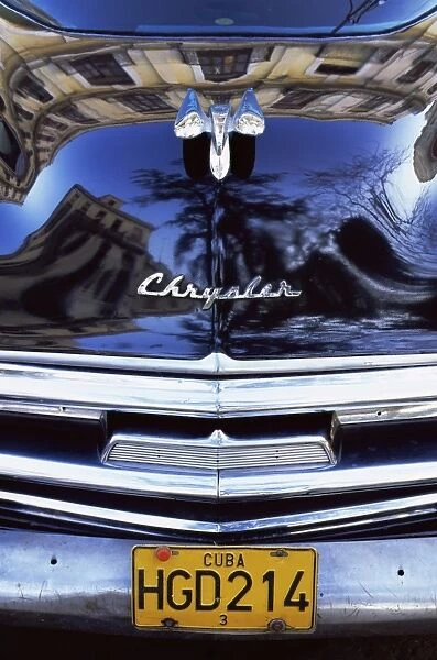 Detail of classic black Chrysler car with reflections in paintwork, Havana