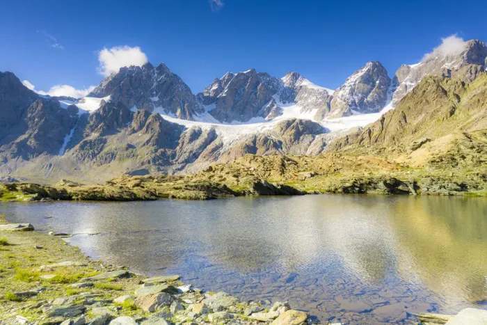 Framed Print : Clear sky over the rocky peaks of Bernina Group and Forbici lake in summer, Valmalenco Framed Print : Clear sky over the rocky peaks of Bernina Group and Forbici lake in summer, Valmalenco
