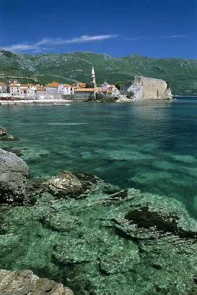 Clear waters in front of the Old Town, Budva, The Budva Riviera, Montenegro, Europe