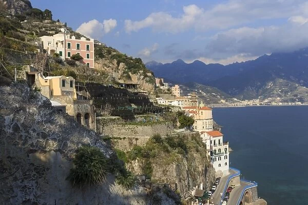 Cliff side view towards Atrani and distant Maiori, Costiera Amalfitana (Amalfi Coast)