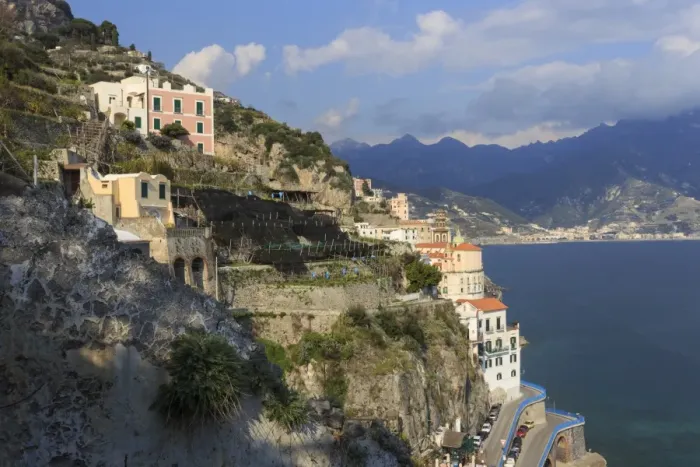Framed Print : Cliff side view towards Atrani and distant Maiori, Costiera Amalfitana (Amalfi Coast)