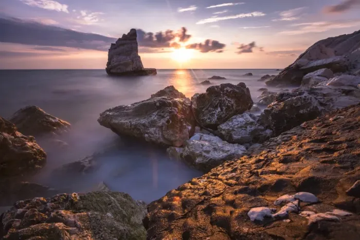 Framed Print : Cliffs and sea framed by the pink sky at sunris, La Vela Beach, Portonovo, Province of Ancona Framed Print : Cliffs and sea framed by the pink sky at sunris, La Vela Beach, Portonovo, Province of Ancona