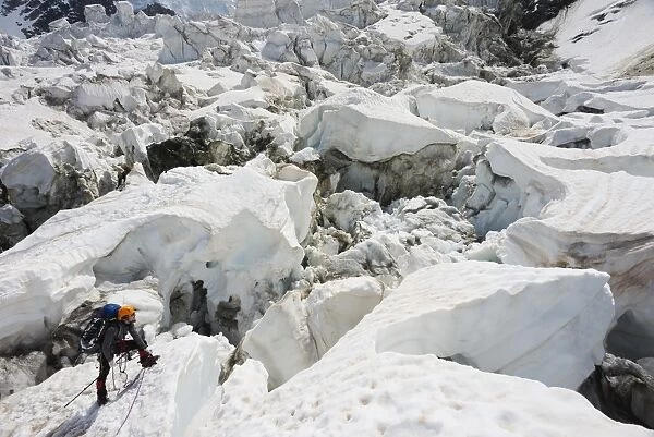 Climber on Bosson Glacier, Chamonix Valley, Rhone Alps, Haute Savoie, France, Europe
