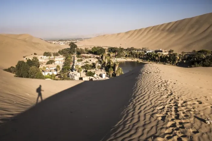 Framed Print : Climbing sand dunes at sunset at Huacachina, a village in the desert, Ica Region