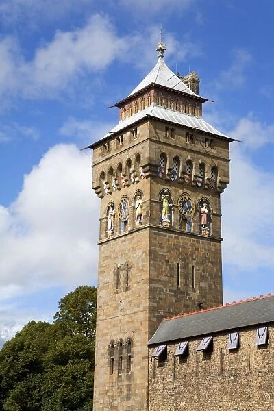 Clock tower in Cardiff Castle, Cardiff City, Wales, United Kingdom, Europe