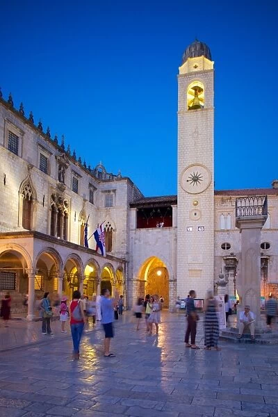 Clock tower at dusk, Stradun, UNESCO World Heritage Site, Dubrovnik, Dalmatian Coast, Dalmatia, Croatia, Europe