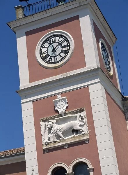 Clock tower in main square, Trg Marsala Tita, Rovinj, Croatia, Europe