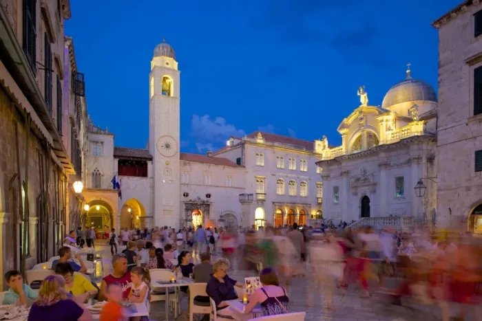 Framed Print : Clock tower and restaurants at dusk, Stradun, UNESCO World Heritage Site, Dubrovnik, Dalmatian Coast, Dalmatia, Croatia, Europe Framed Print : Clock tower and restaurants at dusk, Stradun, UNESCO World Heritage Site, Dubrovnik, Dalmatian Coast, Dalmatia, Croatia, Europe