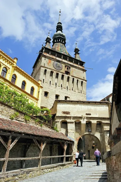 Framed Print : Clock Tower seen from south path leading into Old Town, Sighisoara, UNESCO, Transylvania, Romania