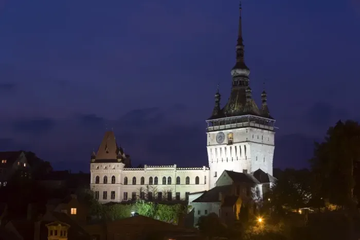 Framed Print : Clock tower (Turnul cu Ceas), illuminated at dusk, formerly the main entrance to the fortified city Framed Print : Clock tower (Turnul cu Ceas), illuminated at dusk, formerly the main entrance to the fortified city