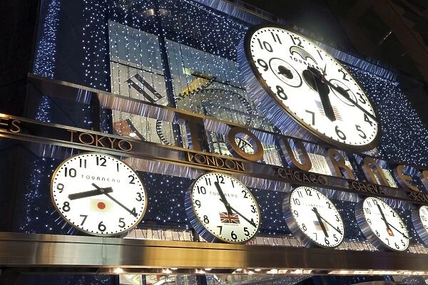 Clocks showing various world city times outside the Tourneau Store, Manhattan