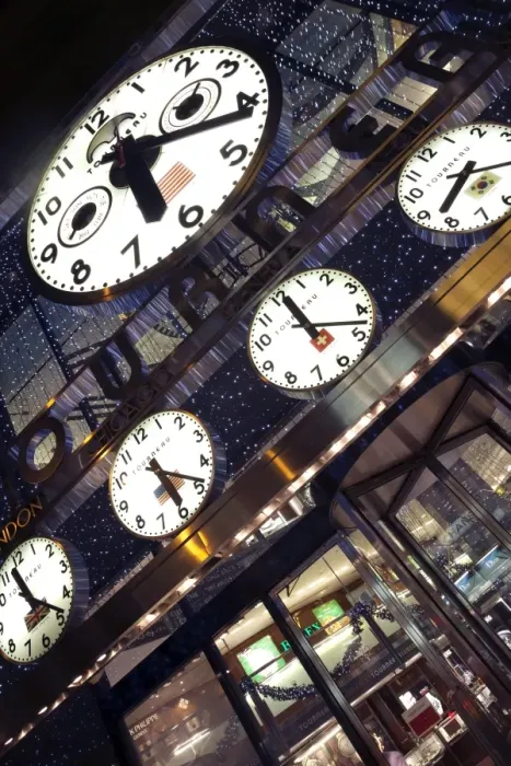 Framed Print : Clocks showing various world city times outside the Tourneau Store, Manhattan Framed Print : Clocks showing various world city times outside the Tourneau Store, Manhattan
