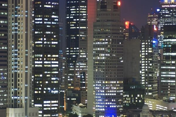 Close up of buildings in the Financial District at night