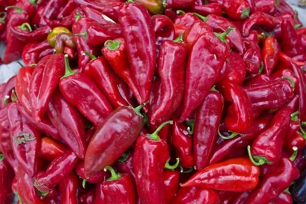 Close up of chillies in the Bazaar of Osh, Kyrgyzstan, Central Asia, Asia