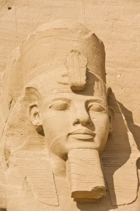 Framed Print : Close up of the head of a giant statue of the great pharaoh Rameses II outside the relocated Temple Rameses II at Abu Simbel, UNESCO World Heritage Site, Egypt, North
