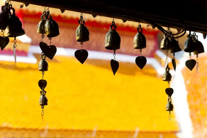 Framed Print : Close up of prayer bells, silhouetted against the colourful roof at Wat Doi Suthep, Chiang Mai, Thailand, Southeast Asia, Asia Framed Print : Close up of prayer bells, silhouetted against the colourful roof at Wat Doi Suthep, Chiang Mai, Thailand, Southeast Asia, Asia