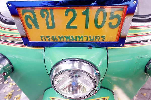Close up of registration plate of a Tuk Tuk, a taxi characteristic of South East Asia, Bangkok, Thailand, Southeast Asia, Asia