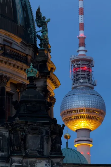 Framed Print : Close-up of the Berliner Dom (Cathedral) with the Television Tower in the background at night, Berlin, Germany, Europe Framed Print : Close-up of the Berliner Dom (Cathedral) with the Television Tower in the background at night, Berlin, Germany, Europe