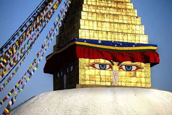 Close-up of Bodhnath Stupa (Boudhanth) (Boudha), one of the holiest Buddhist sites in Kathmandu