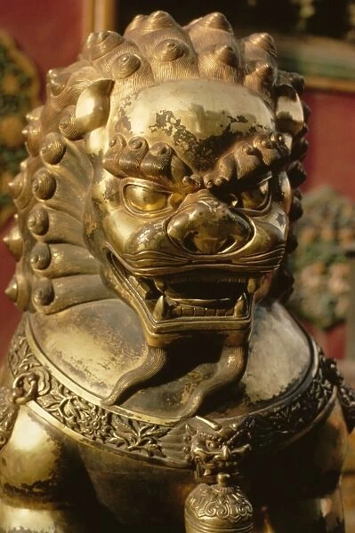 Close-up of bronze lion statue, Forbidden City, Beijing, China, Asia