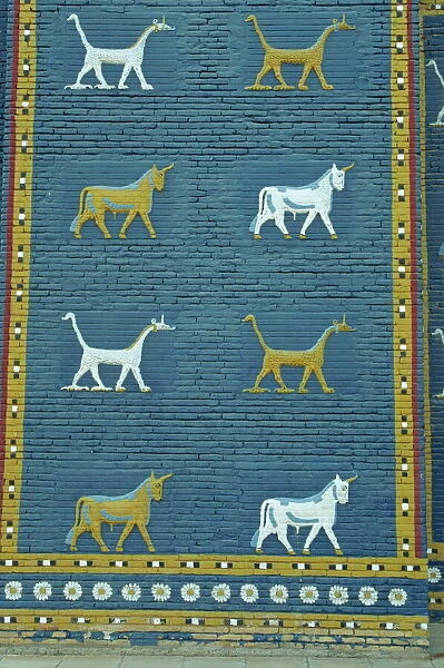 Close-up of Bull of Adad and other symbols on the Ishtar Gate