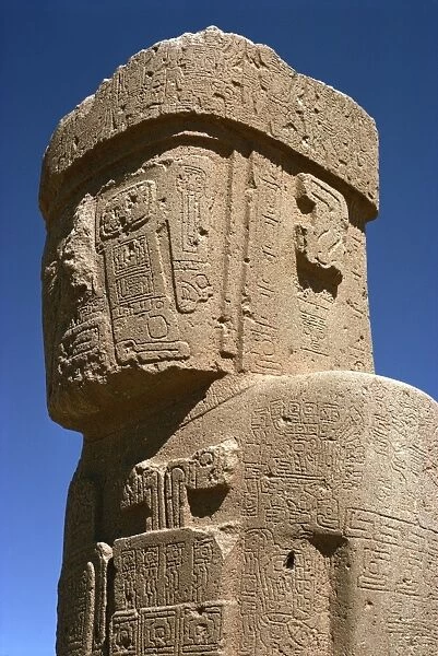 Close-up of carved statue at the Tiahuanaco site, 400-900 AD in Bolivia, South America