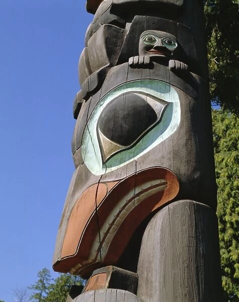 Close-up of carved totem in Vancouver, British Columbia, Canada