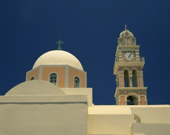 Framed Print : Close-up of a church dome and bell tower with clock Framed Print : Close-up of a church dome and bell tower with clock