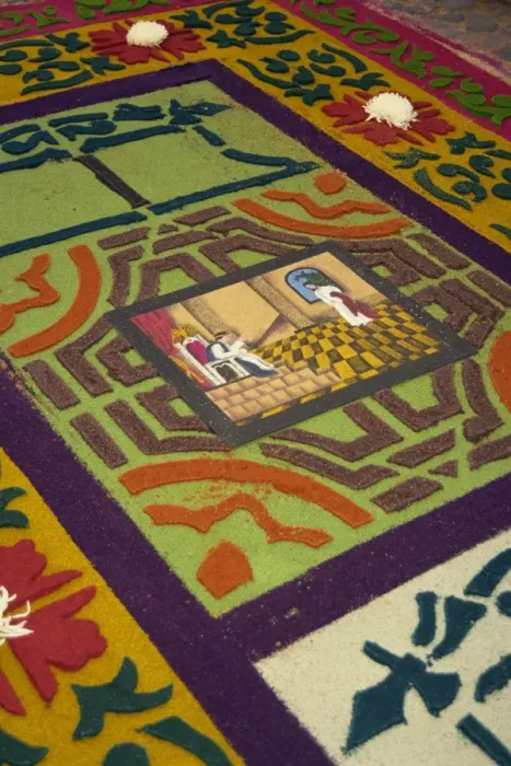 Framed Print : Close-up of coloured sawdust rug on the street on Good Framed Print : Close-up of coloured sawdust rug on the street on Good