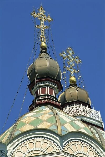 Close-up of domes and crosses on top of the Zenkov Cathedral