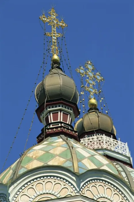 Framed Print : Close-up of domes and crosses on top of the Zenkov Cathedral Framed Print : Close-up of domes and crosses on top of the Zenkov Cathedral