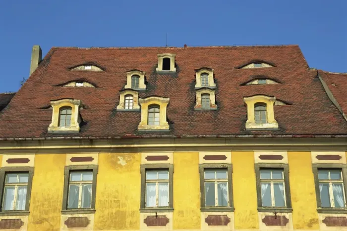 Framed Print : Close-up of dormer windows in the roof of a building in the market square of the medieval town of Cheb in Bohemia, Czech