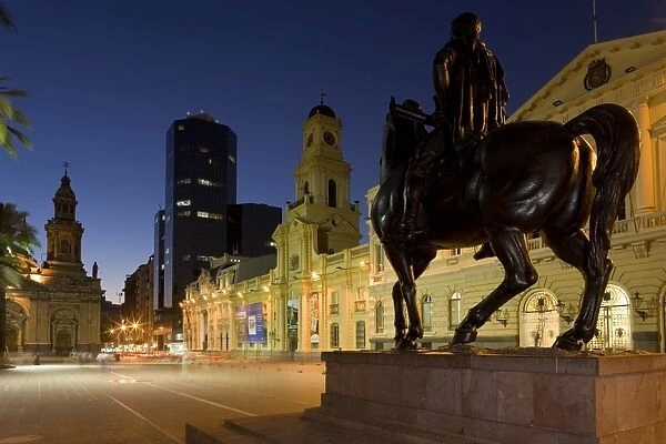 Close-up of the equestrian statue of Pedro de Valdivia in front of the Museo Historico Nacional in Plaza de Armas, Santiago, Chile