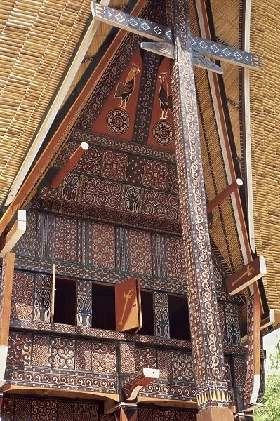 Close-up of the exterior of a traditional decorated Toraja house
