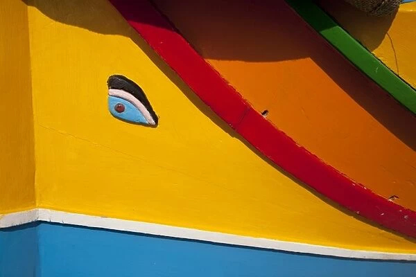 Close-up of Eye of Osiris on fishing boat, Marsaxlokk, Malta, Mediterranean, Europe