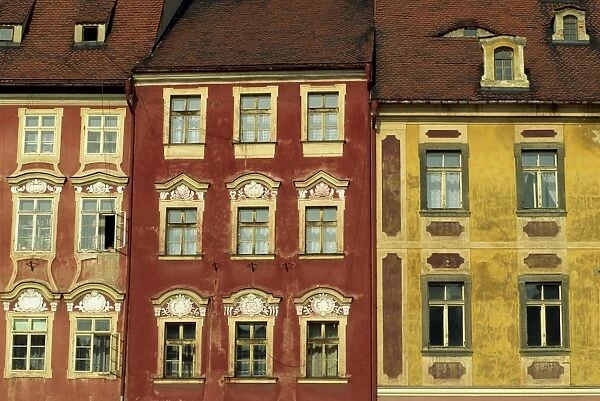 Close-up of facades of traditional buildings on the market square of the medieval town of Cheb in Bohemia, Czech
